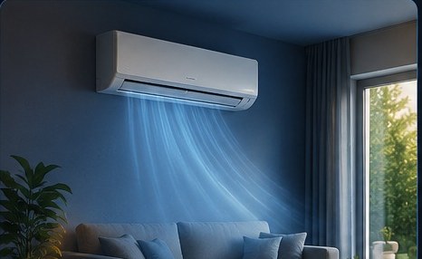 Climatisation murale réversible installée dans un salon